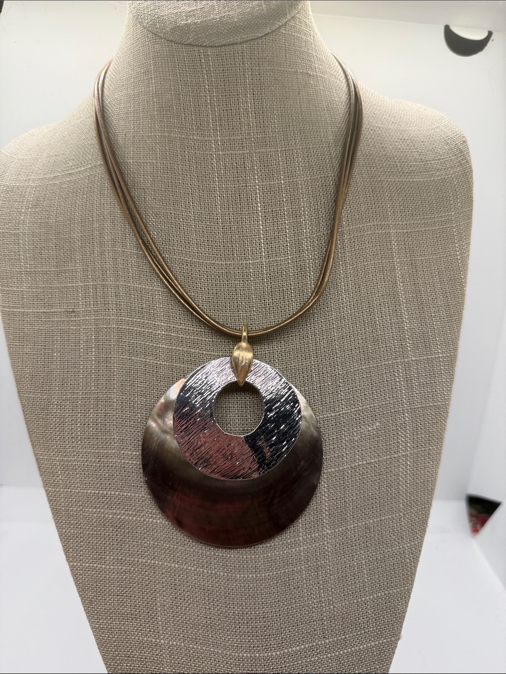 Chico’s Statement Pendant Necklace – Mixed Metal & Shell Disc Necklace